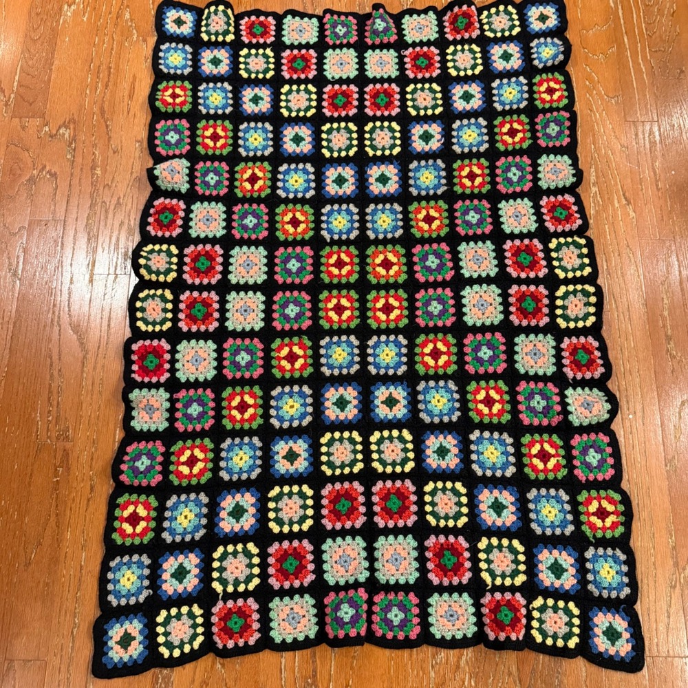 Vintage Handmade Crochet Granny Square Blanket Multi Color Black Afghan 56x37